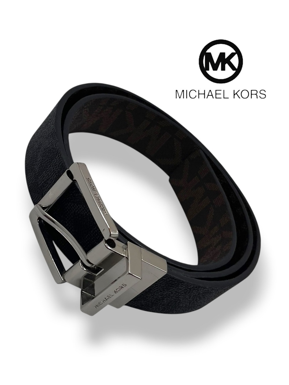Michael Kors  Reversible Belt 
MK Logo Black Brown Silver Buckle Size Medium